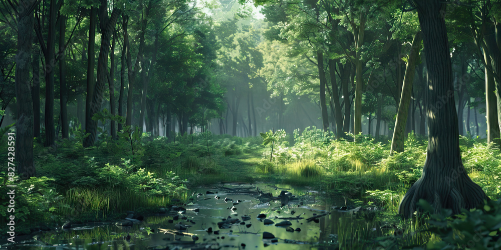 Obraz premium Quiet Forest Clearing: A peaceful clearing in a forest with no people or wildlife, showcasing the stillness and tranquility of nature's untouched beauty