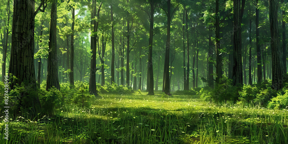 Quiet Forest Clearing: A peaceful clearing in a forest with no people or wildlife, showcasing the stillness and tranquility of nature's untouched beauty Quiet Forest Clearing: A peaceful clearing in a forest with no people or wildlife, showcasing the stillness and tranquility of nature's untouched beauty