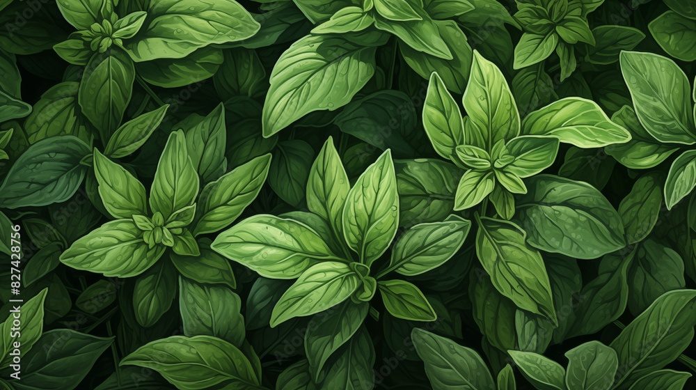 Lush Green Basil Leaves with Dew Drops Lush Green Basil Leaves with Dew Drops