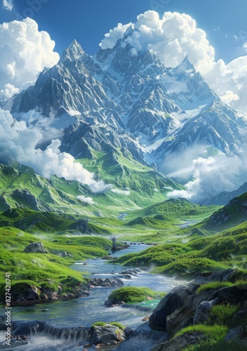 Serene Mountain River Landscape  Majestic Peaks and Tranquil Waters