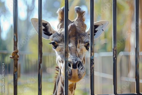 Close-up of a giraffe's face as it peeks curiously through the gaps between metal bars of its enclosure photo