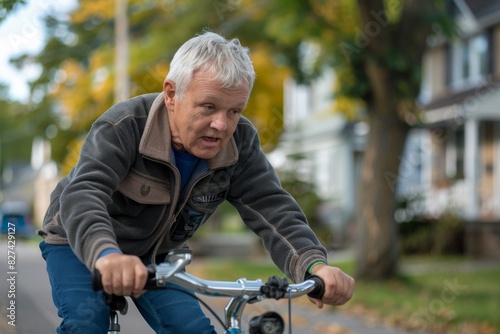 An older gentleman rides a bike with determination through a tree-lined suburban street