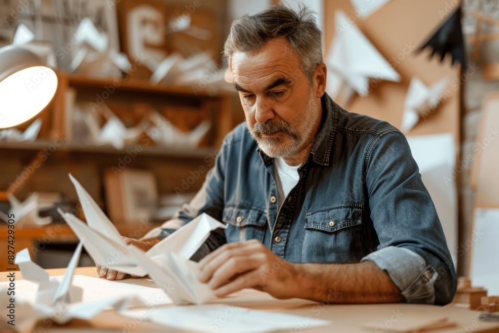 An image capturing a senior man focused on folding paper to create origami birds, showcasing concentration and dexterity An image capturing a senior man focused on folding paper to create origami birds, showcasing concentration and dexterity
