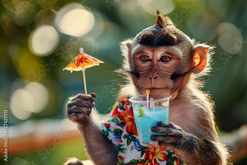 A picture of a monkey holding a cocktail umbrella delightfully  with sun rays filtering through leaves