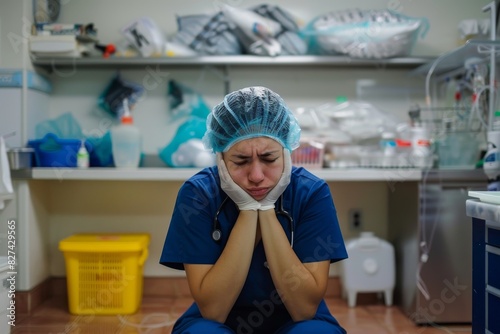 A nurse is sitting, looking overwhelmed with her hands on her head, amidst a busy medical setting photo