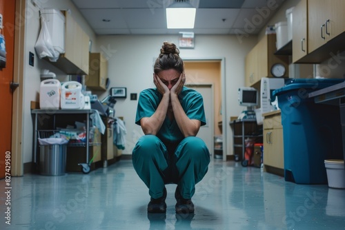 In this image, a medical worker sits on the floor of a hospital hallway, needing a rest