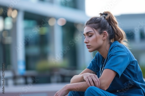 A pensive nurse is sitting outside a hospital, looking thoughtful and focused, possibly reflecting on her day photo