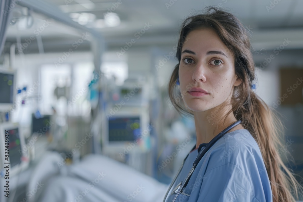 Fototapeta premium A dedicated female healthcare worker in scrubs stands solemnly in a clinical hospital environment with equipment in background