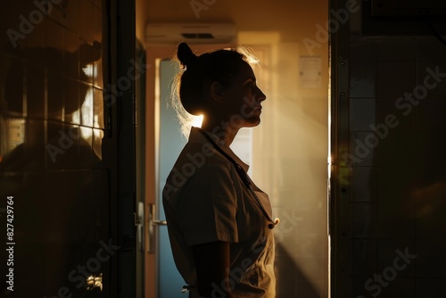 A healthcare worker stands in a warmly lit room facing the window, casting a silhouette with identifiable nurse attire