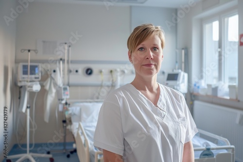 Confident healthcare worker stands in a bright hospital ward with medical equipment behind her