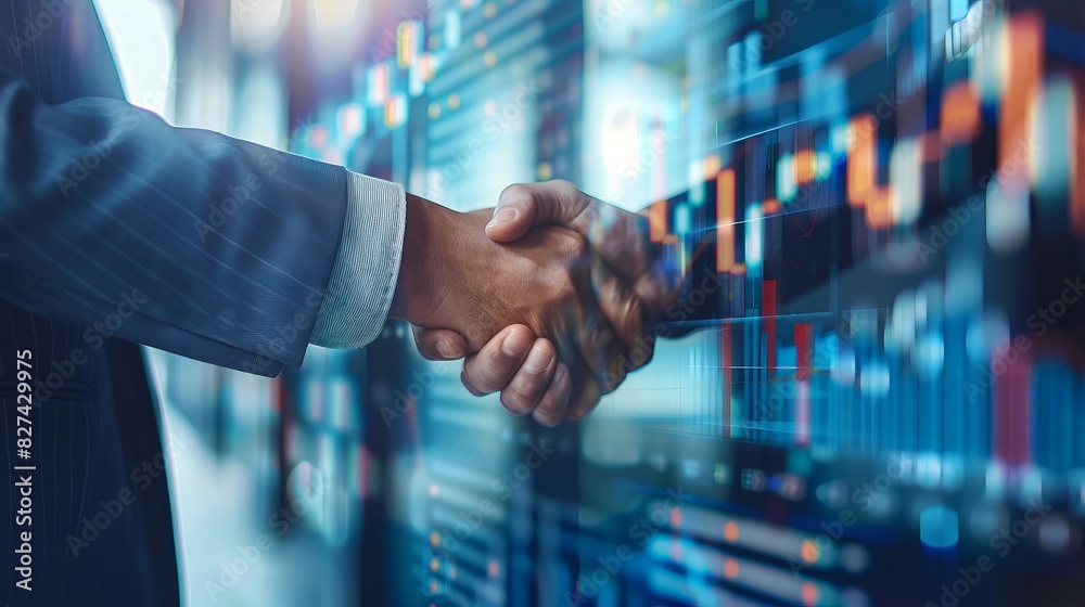 Businessmen shaking hands with financial data in the background, symbolizing successful financial deal and teamwork. Businessmen shaking hands with financial data in the background, symbolizing successful financial deal and teamwork.