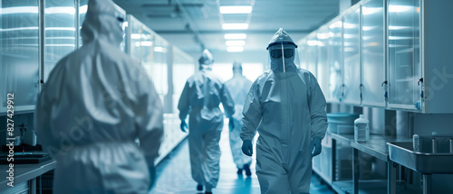 Scientists in a clean room developing advanced treatments in protective clothing Sharp picture