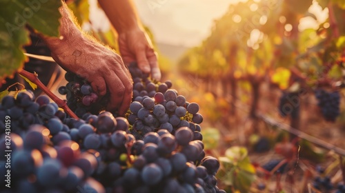 Close-up of Hands Harvesting Ripe Grapes in a Vineyard at Sunset