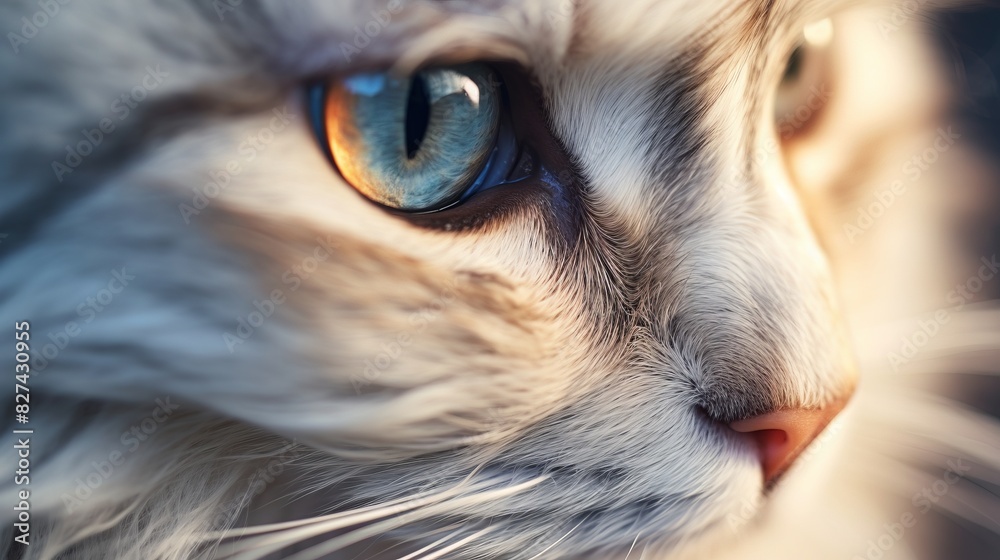 Close-up of a cat's face with vibrant blue eyes, showcasing its detailed fur texture and expressive features in a serene light.