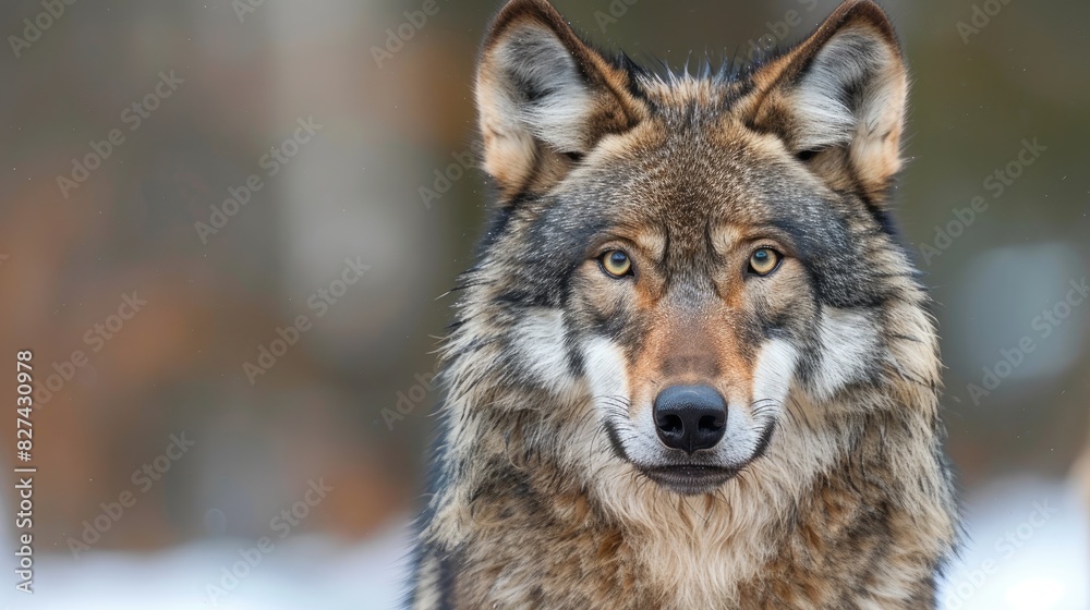 A majestic wolf stares directly at the camera, its fur a mix of brown and gray A majestic wolf stares directly at the camera, its fur a mix of brown and gray