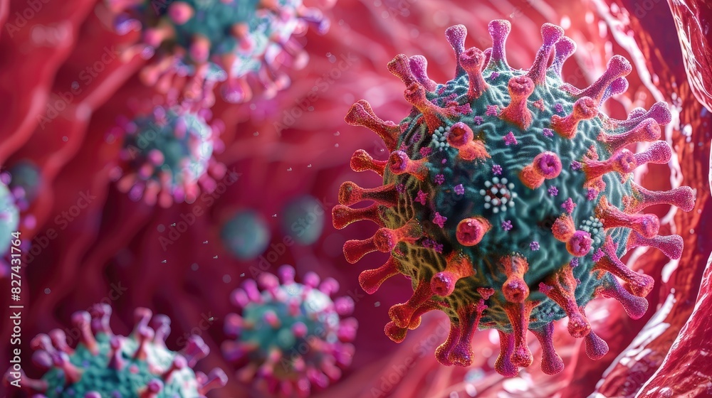 Produce a digital artwork depicting the spread of the Corona Virus within a crimson artery, emphasizing the minuscule size of the virus and its impact on the human immune system Produce a digital artwork depicting the spread of the Corona Virus within a crimson artery, emphasizing the minuscule size of the virus and its impact on the human immune system