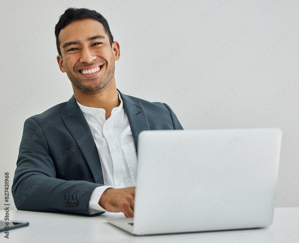 Portrait, businessman and laptop at desk for networking, communication and email in office. Accountant, technology and smile with internet for online consultant, reading or research for stock market Portrait, businessman and laptop at desk for networking, communication and email in office. Accountant, technology and smile with internet for online consultant, reading or research for stock market