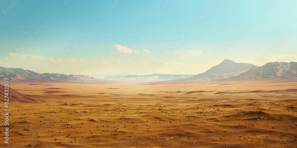 Deserted Desert Landscape: An expansive view of a desert landscape, stretching far into the distance with no signs of human activity, emphasizing the vast emptiness of the area