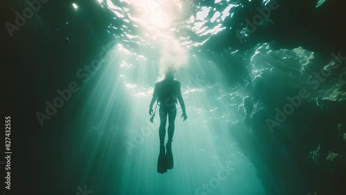 Wallpaper Mural A diver silhouetted against sunbeams underwater, evoking calm and adventure Torontodigital.ca