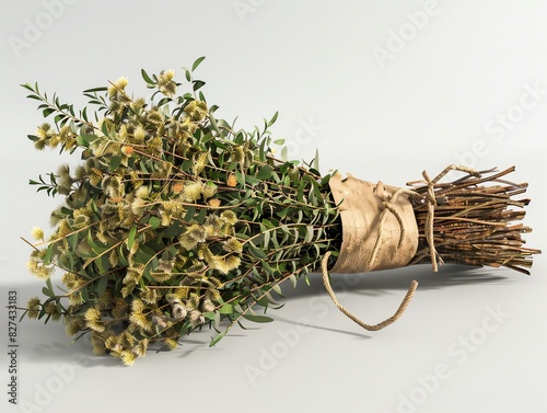 A 3D render of a Drung medicinal herb bundle with a label photo