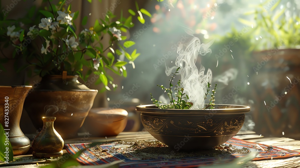 A 3D render of a Drung medicine preparation with steaming herbs A 3D render of a Drung medicine preparation with steaming herbs