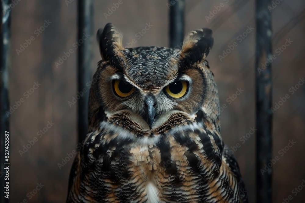 Detailed close-up of a great horned owl staring forward with piercing yellow eyes against a dark background