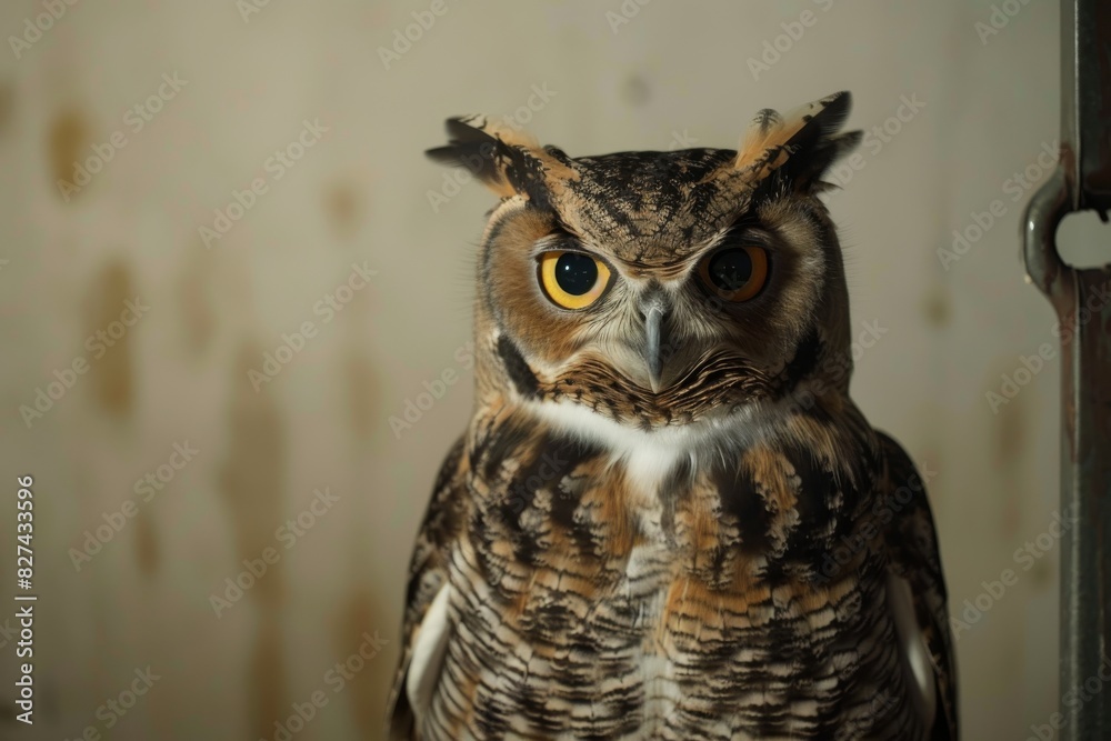 Fototapeta premium An owl with a surprised expression stands against retro-style wallpaper in a vintage setting