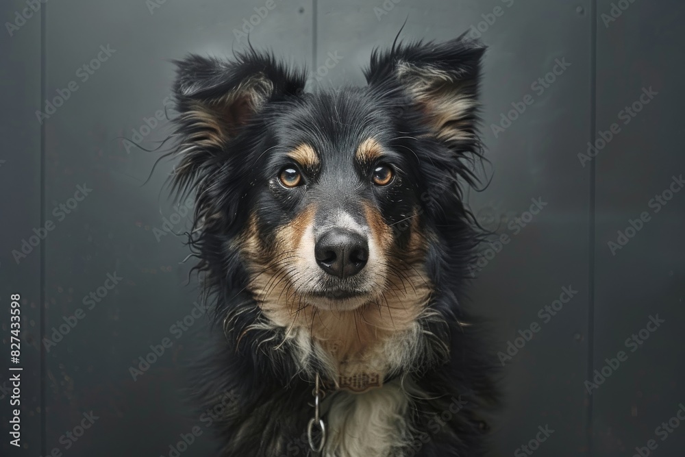 Portrait of an attentive black and tan dog with soulful eyes, wearing a chain collar
