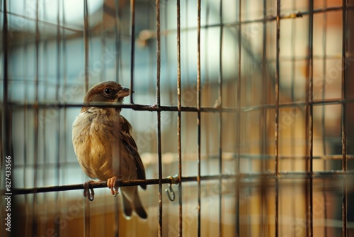 Close-up image of a sparrow within a cage focusing on the detailed texture of its feathers photo