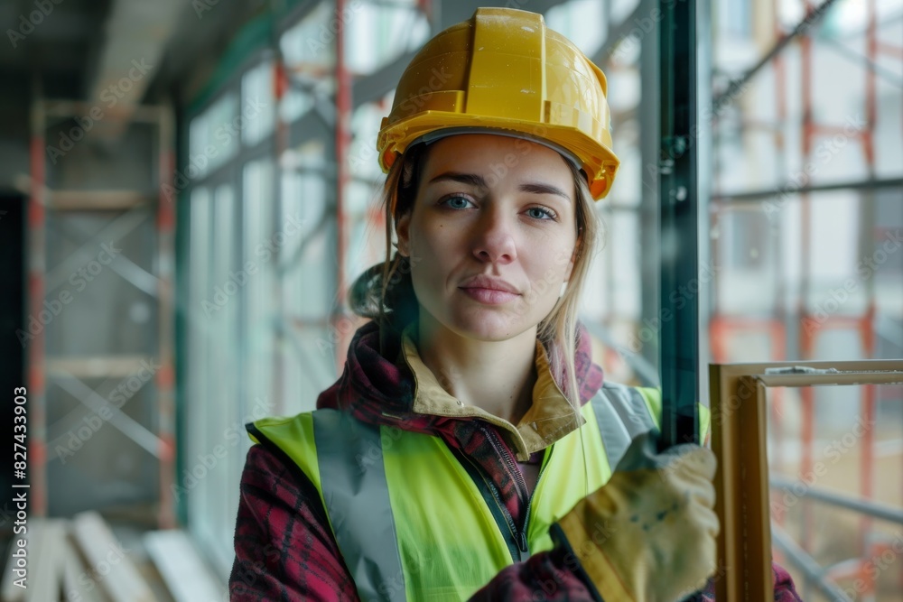 Serious woman construction worker in a hardhat and reflective vest standing indoors at a job site Serious woman construction worker in a hardhat and reflective vest standing indoors at a job site