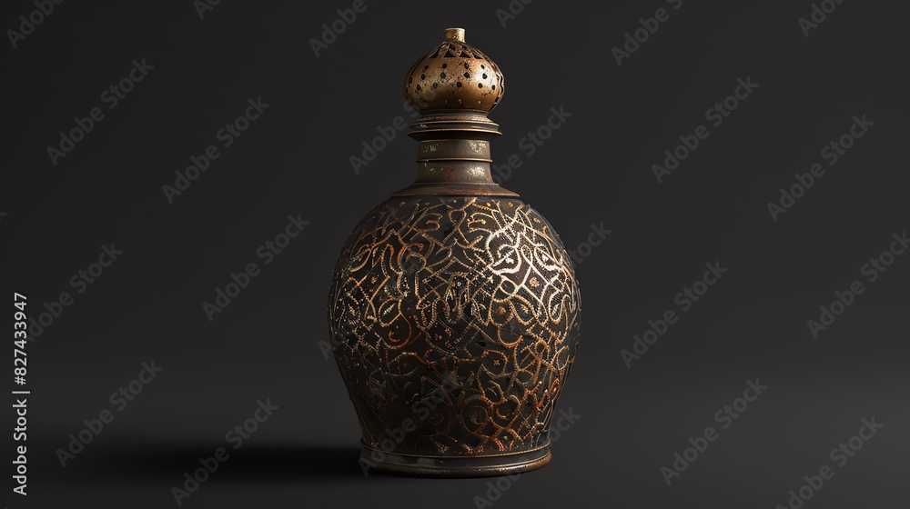 A 3D render of a traditional Drung medicine bottle on a wooden table A 3D render of a traditional Drung medicine bottle on a wooden table