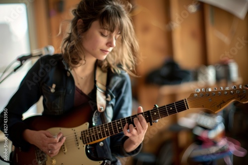 A musician focusing on tuning an electric guitar, highlighted by strong bokeh and a warm indoor atmosphere