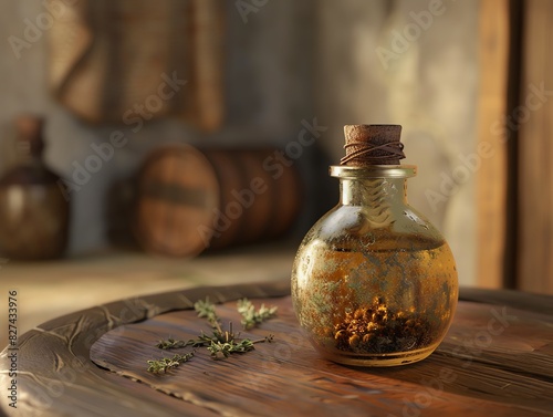 A 3D render of a traditional Drung medicine bottle on a wooden table