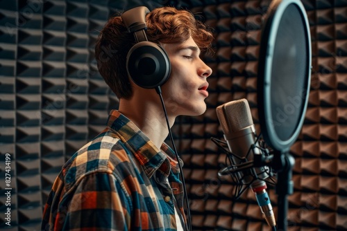 Singer in a casual shirt preparing to record with professional studio gear photo