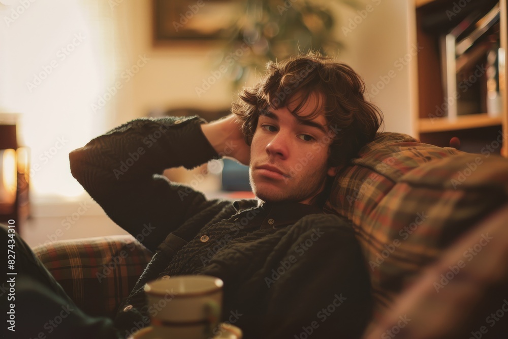 A young man relaxes in a chair with a contemplative expression, holding his head in a cozy home environment