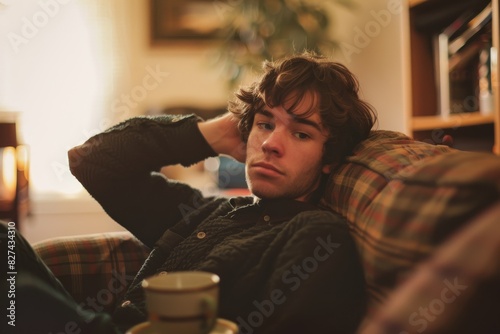 A young man relaxes in a chair with a contemplative expression, holding his head in a cozy home environment