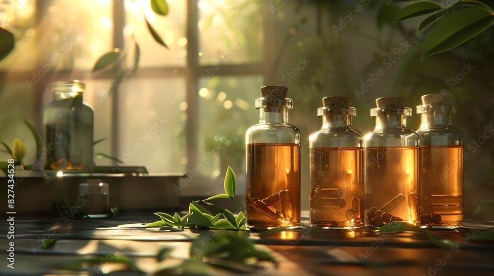 A 3D render of Drung medicinal tinctures in glass vials