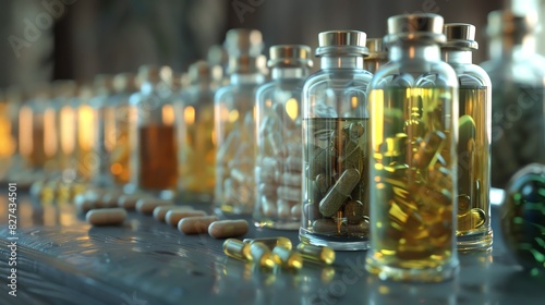 A 3D render of Drung medicinal tinctures in glass vials