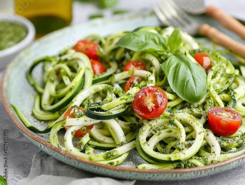 Fresh zucchini noodles with cherry tomatoes and basil, topped with a delicious pesto sauce, offering a vibrant and healthy alternative to traditional pasta dishes.