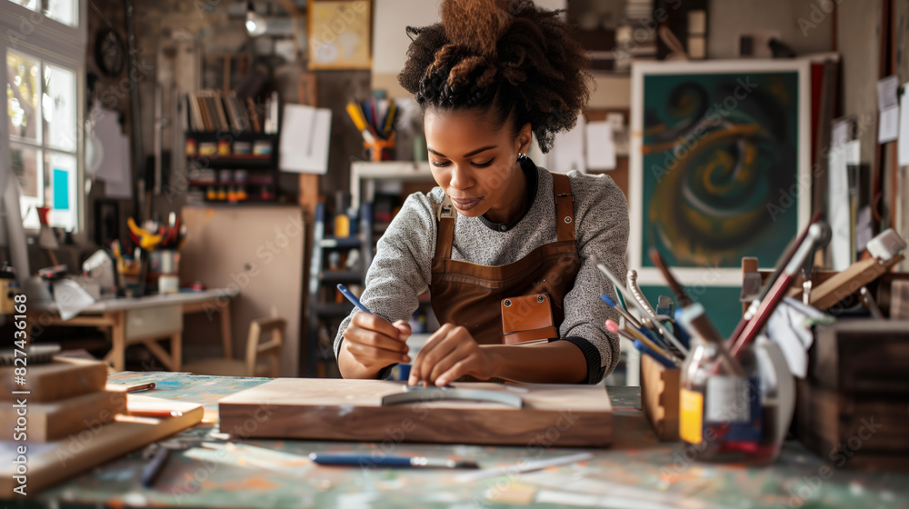 DIY Home Workspace: 28-Year-Old Woman Engages in Project with Tools and Paint DIY Home Workspace: 28-Year-Old Woman Engages in Project with Tools and Paint