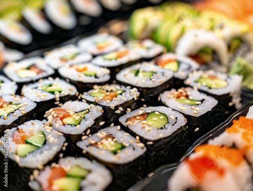 A mouthwatering assortment of fresh sushi rolls featuring vibrant ingredients like salmon, cucumber, and avocado, perfect for gourmet dining or sushi lovers seeking high-quality culinary experiences.