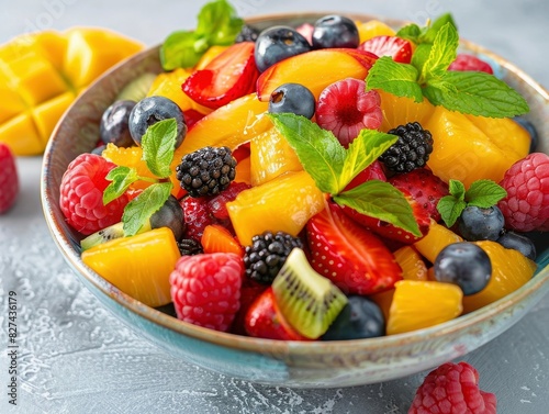 A vibrant bowl of fresh fruit salad featuring colorful strawberries  blueberries  raspberries  mango  blackberries  kiwi  and mint leaves  perfect for a healthy lifestyle and summer refreshment.