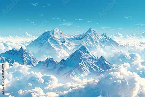 A stunning view of a mountain range covered in snow  piercing through a blanket of clouds. Generative AI