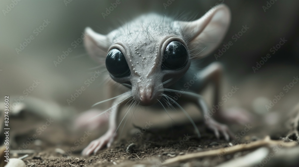 Obraz premium Creepy Grey Alien rat with Oversized Black Eyes.