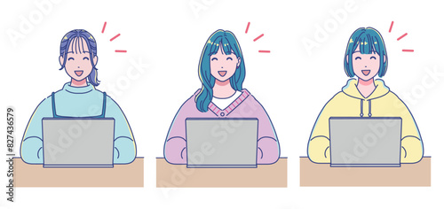 パソコンを使って勉強するアニメ調の女の子
