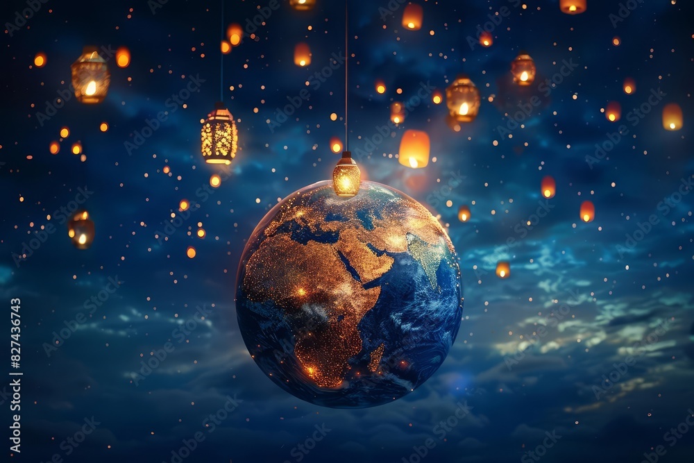 Fototapeta premium Globe with Ramadan lanterns and stars, clean night sky background