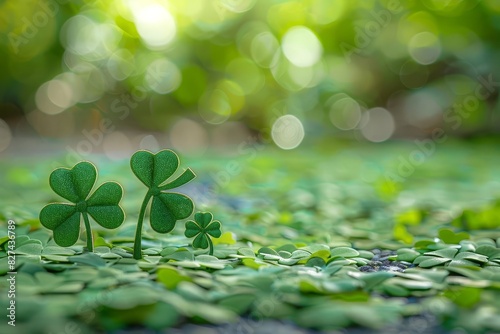 Map with St Patricks Day clovers, green blurred backdrop, space for text photo