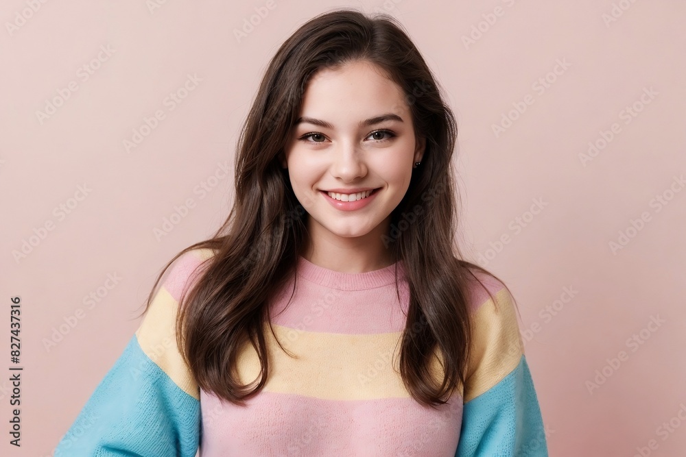 Cute young woman wearing a rainbow sweater, smiling and looking at the camera, standing on a pastel pink background with copy space. Cute young woman wearing a rainbow sweater, smiling and looking at the camera, standing on a pastel pink background with copy space.