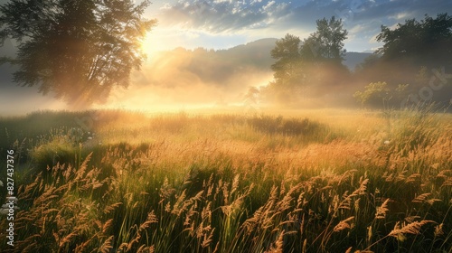 Morning fog over a summer meadow with grass panicles illuminated by the rising sun creating a beautiful nature scene photo