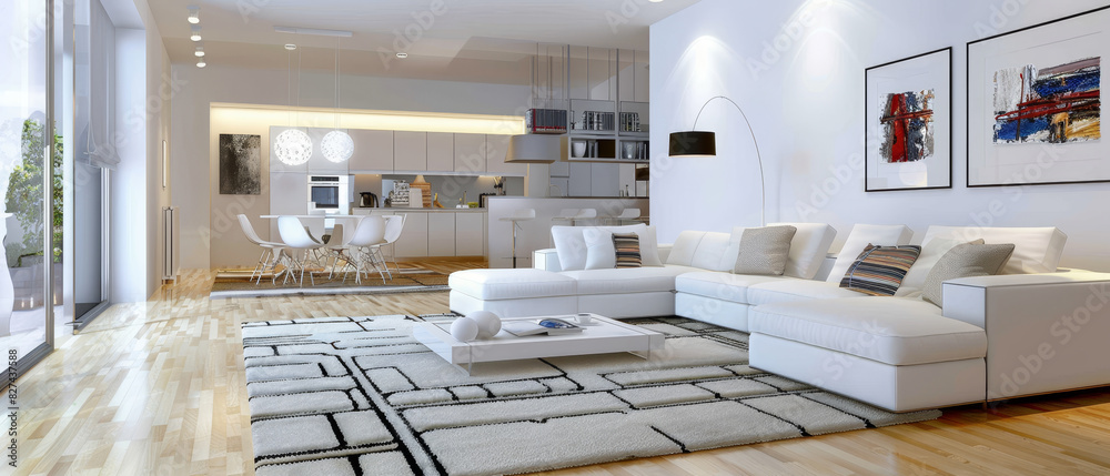 Spacious and stylish living room with white wall and modern rug Spacious and stylish living room with white wall and modern rug